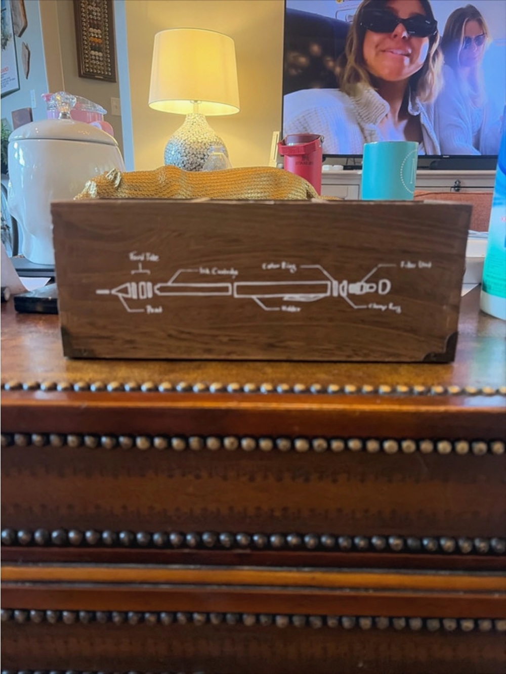 Wooden Decorative desk organizer with White Diagram Accent